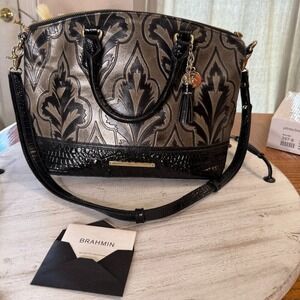 Brahmin Metallic Floral-Inspired Embossed Leather Satchel with Strap